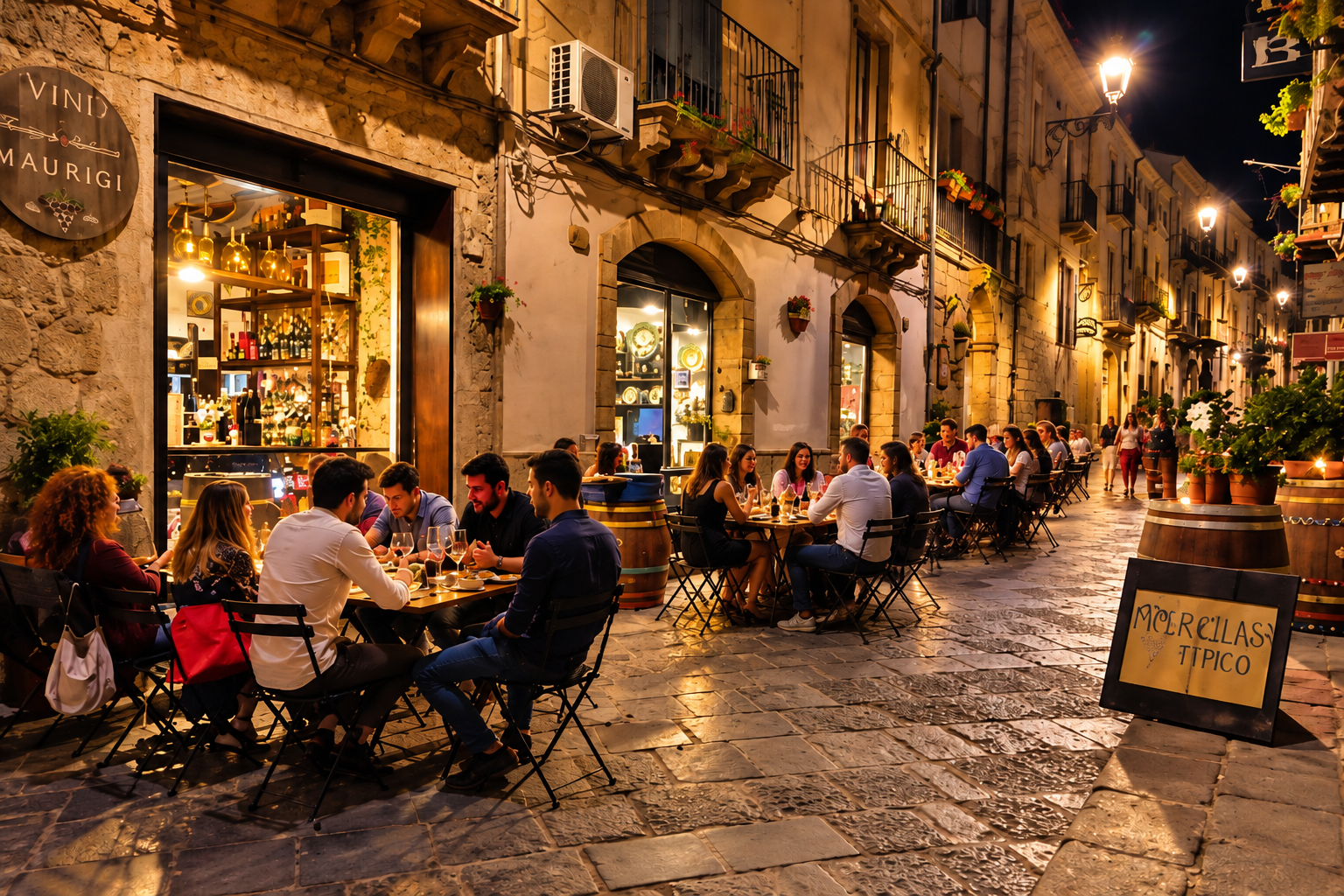 Atmosfera serale di Via Garibaldi a Piazza Armerina, con tavolini all’aperto e locali illuminati