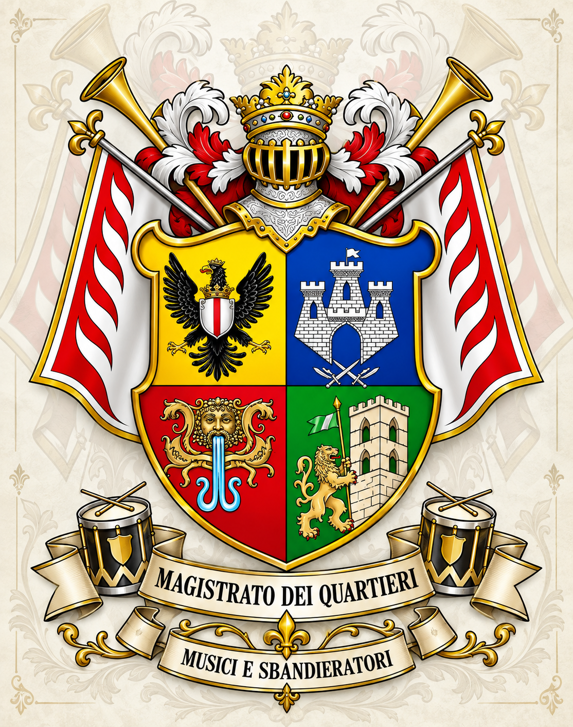 Emblema del Magistrato dei Quartieri, con gli stemmi di Monte, Castellina, Canali e Casalotto, musici e sbandieratori