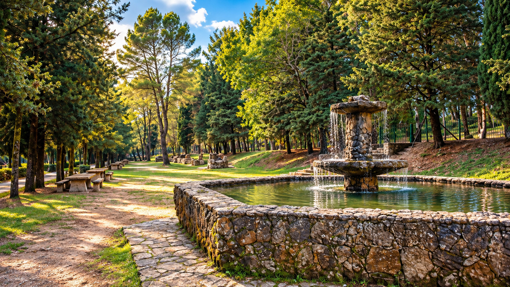 Illustrazione rielaborata del Parco Ronza con fontana e sentieri alberati
