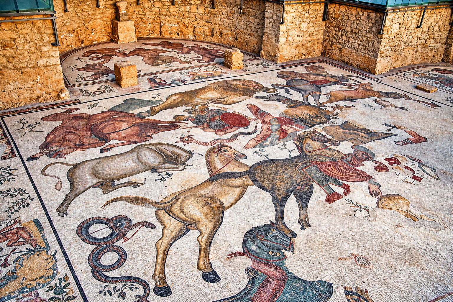Immagine rielaborata di un mosaico romano con scene di caccia alla Villa Romana del Casale