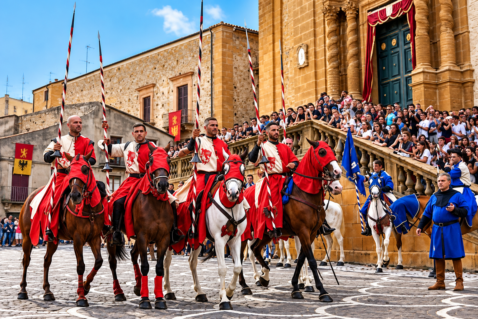 Rielaborazione fotografica del Palio dei Normanni con cavalieri in costume storico davanti alla Cattedrale di Piazza Armerina