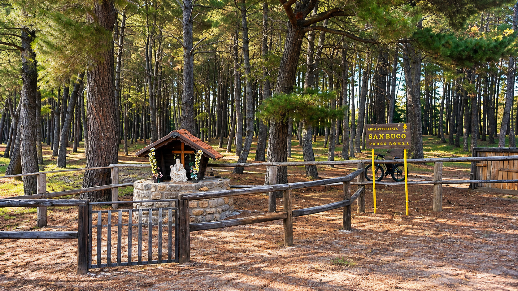 Immagine rielaborata del Bosco Bellia con piccolo santuario tra i pini
