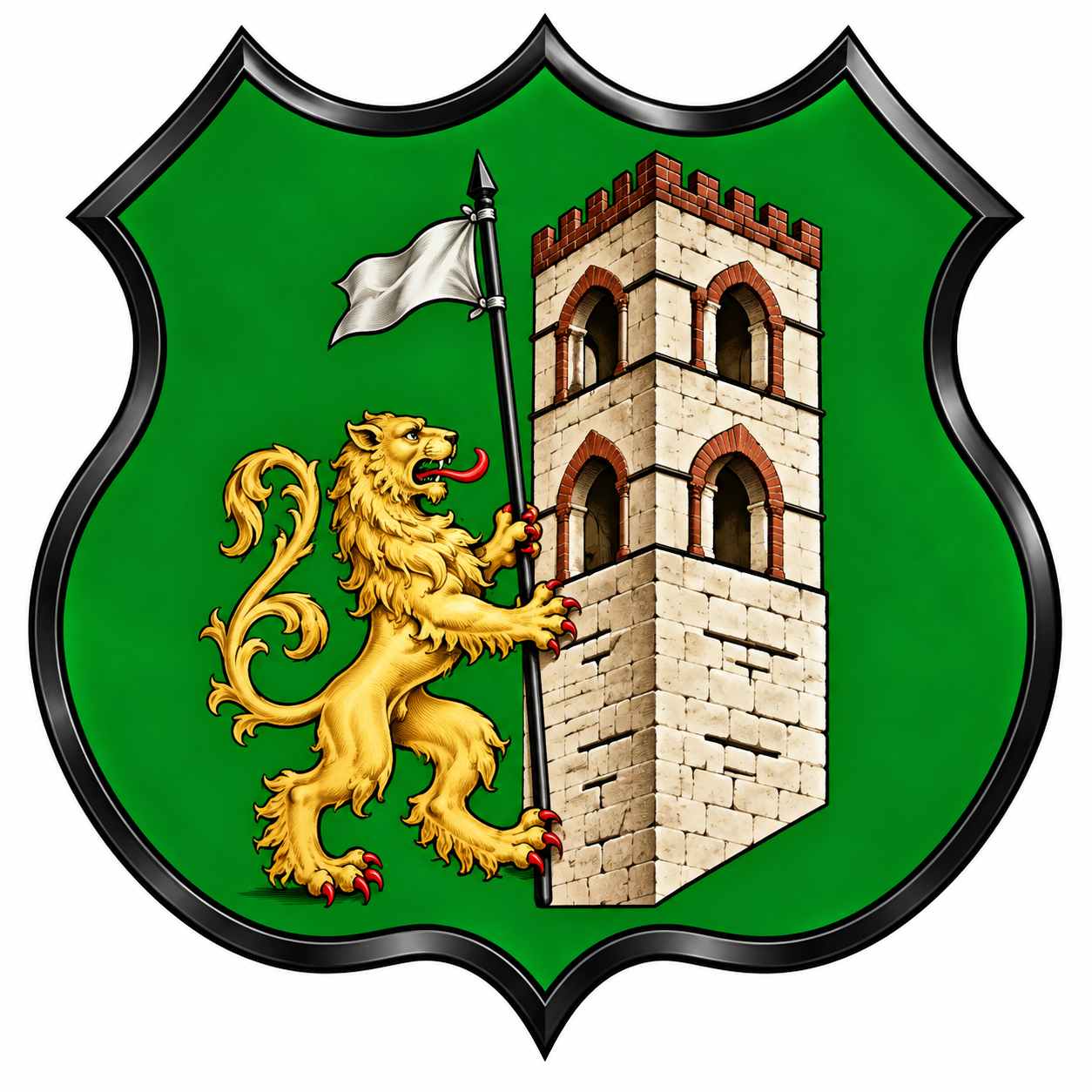 Stemma del quartiere Casalotto: leone dorato e torre medievale su scudo verde