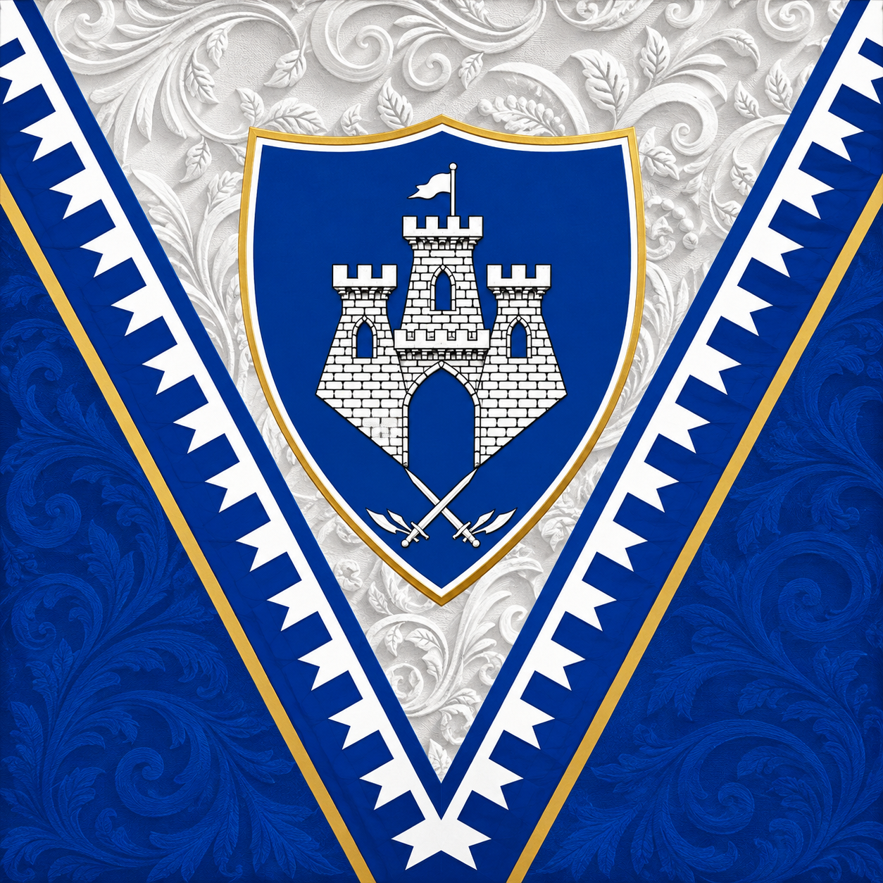 Stemma del quartiere Castellina con castello bianco su scudo blu e bandiera decorata